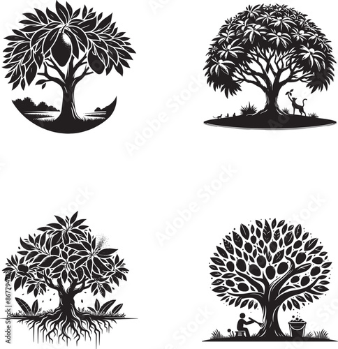 Black Silhouette Mango Tree Vector Illustration for Design