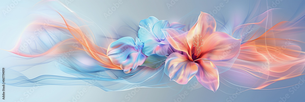 Abstract background with colorful flowing shapes and vibrant hibiscus flower Abstract background with colorful flowing shapes and vibrant hibiscus flower