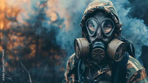 A soldier in a gas mask stands alert against a smoky backdrop. 