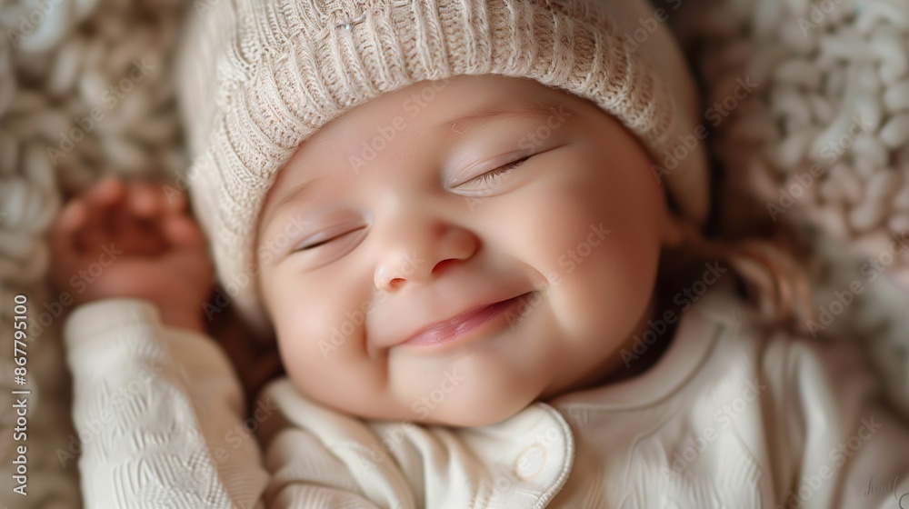 Adorable Sleeping Baby in Knitted Hat and Cozy Blanket Adorable Sleeping Baby in Knitted Hat and Cozy Blanket
