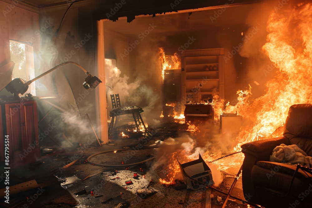 The scene shows flames engulfing the interior, with dense smoke filling the air The scene shows flames engulfing the interior, with dense smoke filling the air