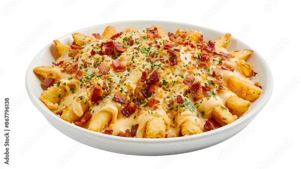 Crispy fries loaded with melted cheese, bacon crumbles, and a dash of herbs, arranged on a transparent background Crispy fries loaded with melted cheese, bacon crumbles, and a dash of herbs, arranged on a transparent background