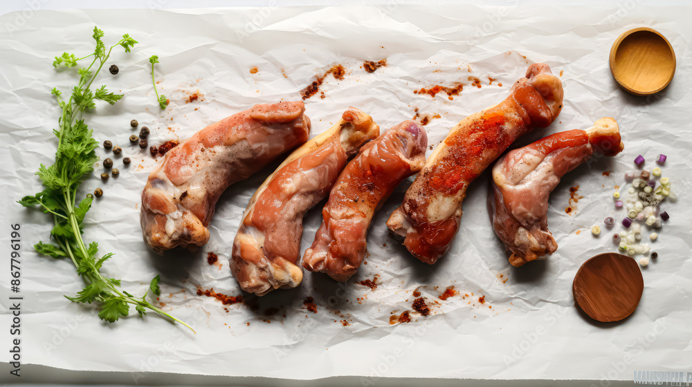 Savory pork, Meat pieces seasoned with spices on parchment Savory pork, Meat pieces seasoned with spices on parchment
