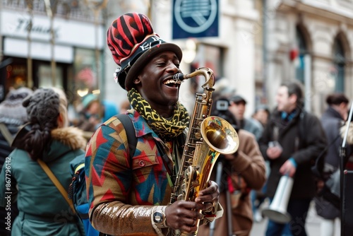 A vibrant snapshot of a jubilant street performer with an infectious smile, entertaining a captivated audience with lively music and dance