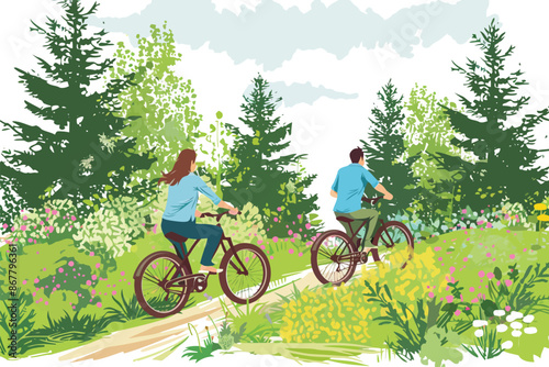 Couple Biking on a Forest Trail stock image isolated vector style photo