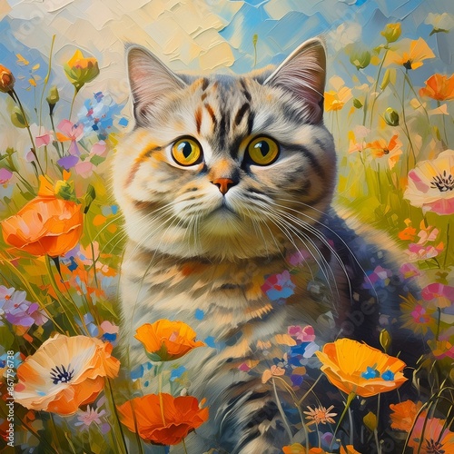 Scottish Fold cat in painting technique