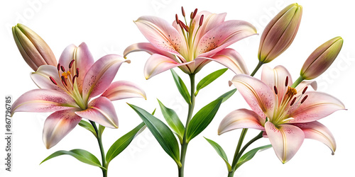 Set of elegant blooming lilies with buds, cut out