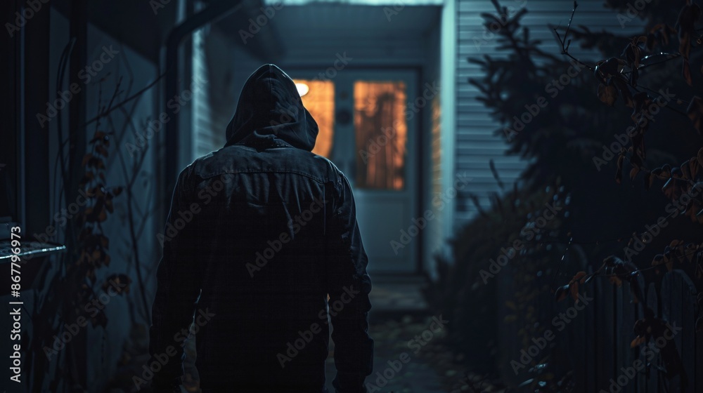 Burglar wearing a hood and mask, carefully walking towards a house and opening the door in the dark Burglar wearing a hood and mask, carefully walking towards a house and opening the door in the dark