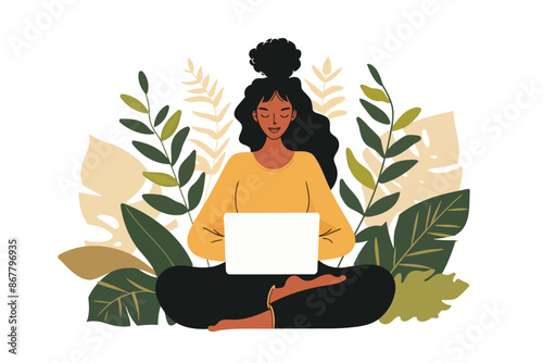 Woman sitting at the lotus pose and holding laptop at isolated vector style