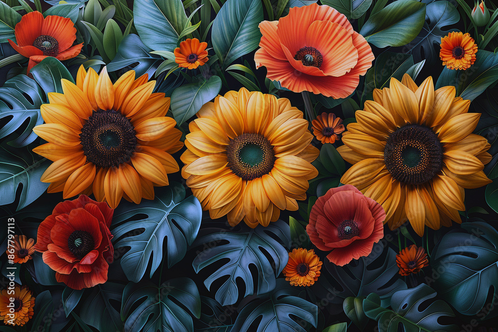 Design a dynamic floral vector pattern with bright sunflowers, bold poppies, and lush greenery in a vibrant, energetic composition-2