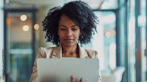 Young Businesswoman Working on Laptop Stock Photo