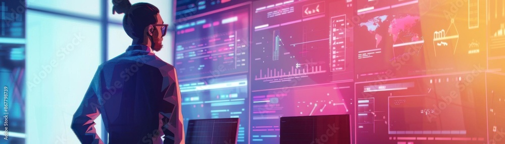 A professional analyzing data on multiple screens in a high-tech office, immersed in digital charts and graphs, reflecting a modern work environment. A professional analyzing data on multiple screens in a high-tech office, immersed in digital charts and graphs, reflecting a modern work environment.