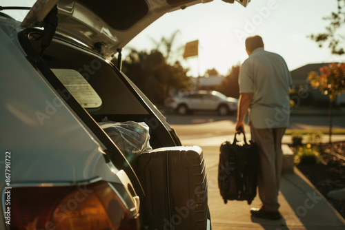 Fototapeta Naklejka Na Ścianę i Meble -  A man trying to fit an oversized suitcase into a small car trunk, suburban street setting, midday sun