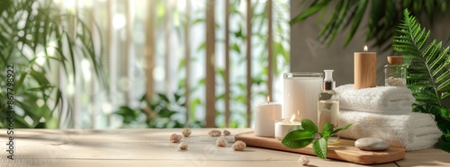 Relaxing spa setup featuring essential oils, candles, and towels on a wooden table with a natural backdrop. © AminaDesign