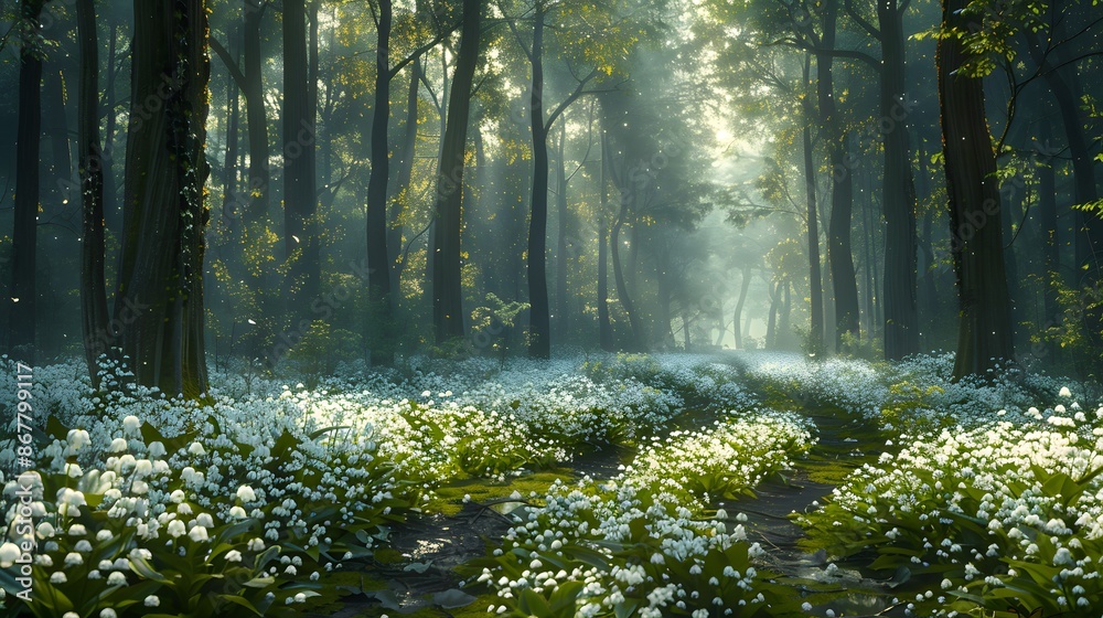 Obraz premium lily of the valley field in the lush green forest 