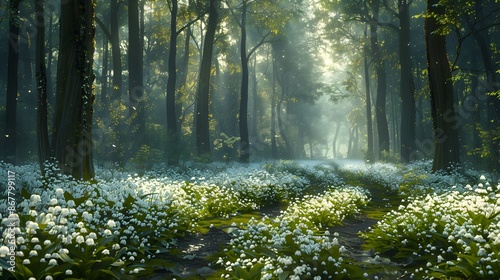 lily of the valley field in the lush green forest 
