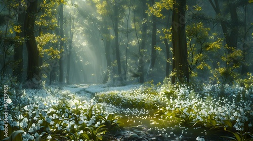 lily of the valley field in the lush green forest 
