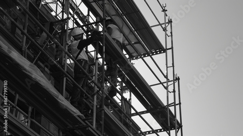 Wallpaper Mural Workers setting up scaffolding on a building site. Black and white image capturing the construction process. Torontodigital.ca