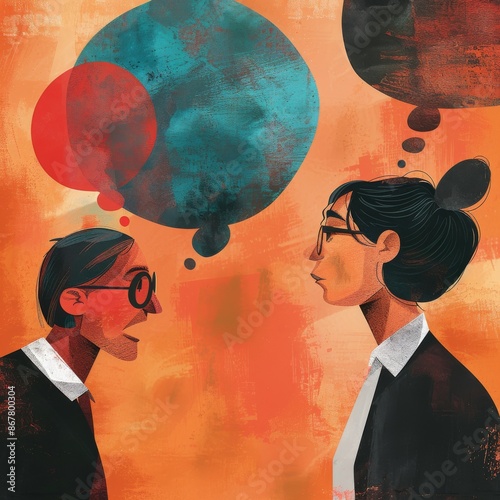 verbal riposte in a debate or discussion, depicted as thought bubbles with witty responses and counterarguments floating between two individuals engaged in intellectual discourse, capturing the quick 
