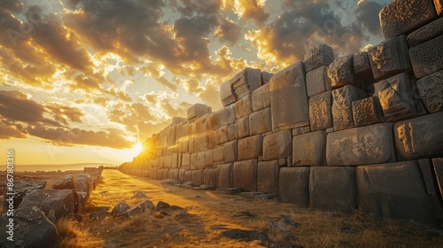towering Cyclopean masonry wall in an ancient citadel, with massive, irregularly-shaped stones fitting perfectly together, bathed in the golden light of the setting sun, reminiscent of the epic
