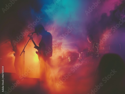 shoegaze band performing on stage, enveloped in thick fog and illuminated by ethereal, multicolored lighting