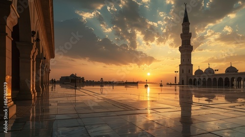 As the sun dips below the horizon, its last rays cast a golden glow across the glistening courtyard of the mosque photo