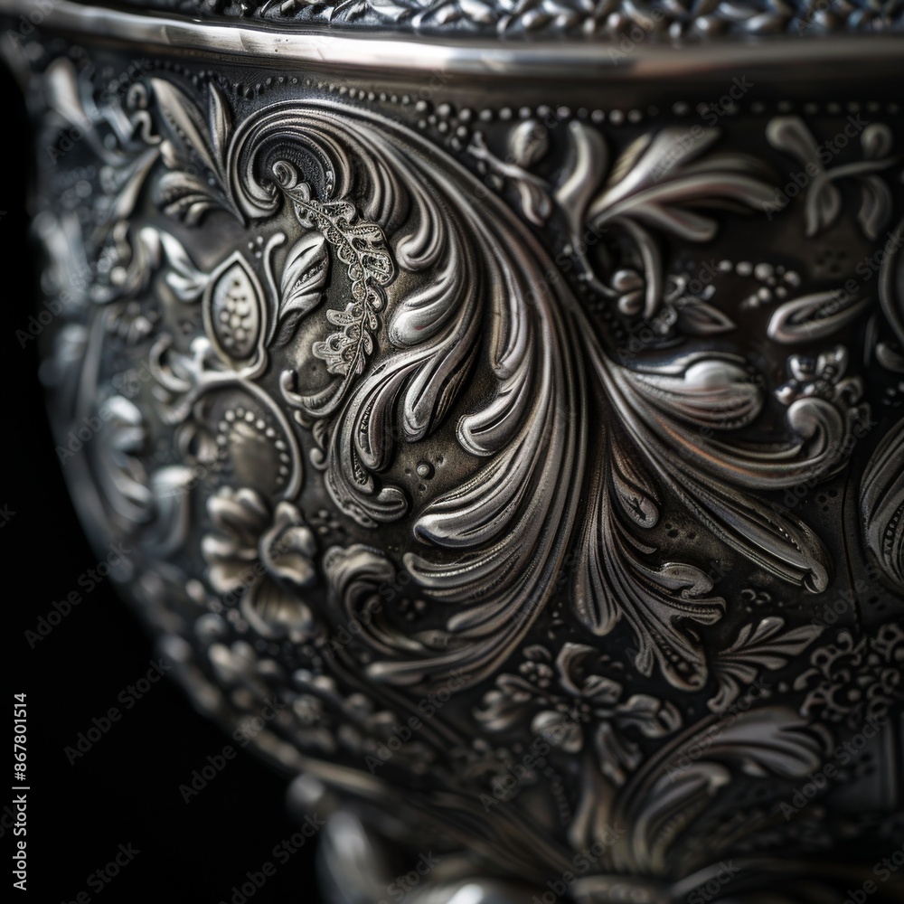 ornate silver chalice, showcasing the intricate engravings and fine details that adorn the piece. The image highlights the craftsmanship and artistic skill required to produce such a finely d ornate silver chalice, showcasing the intricate engravings and fine details that adorn the piece. The image highlights the craftsmanship and artistic skill required to produce such a finely d