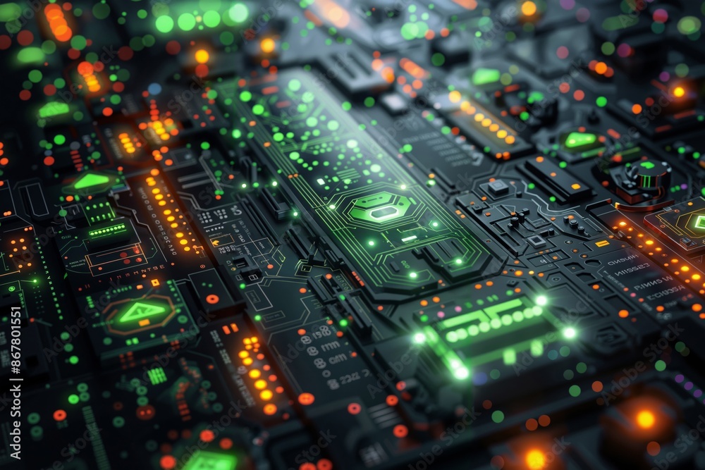 Circuit Board Glow: A close-up of a circuit board with glowing lights, showcasing intricate electronic pathways. Circuit Board Glow: A close-up of a circuit board with glowing lights, showcasing intricate electronic pathways.