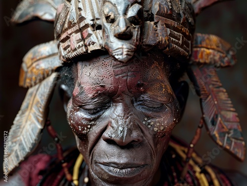 Dogon elder wearing the Satimbe mask, which represents the mythical ancestors and honors women. The mask, featuring a female figure atop the headdress, is intricately carved and painted. 