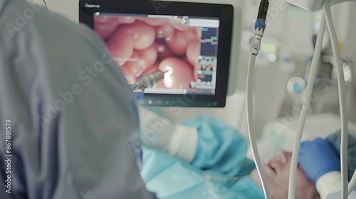 medical professional performing an Endoscopic Retrograde Cholangiopancreatography (ERCP) procedure. The endoscopist, dressed in sterile scrubs and gloves, is carefully inserting the endoscope 