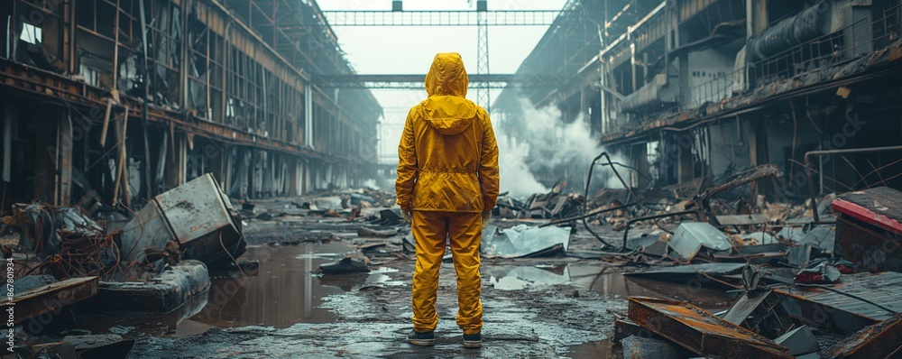 The image features a solitary figure in a yellow raincoat standing in a desolate, abandoned industrial setting with diffuse fog The image features a solitary figure in a yellow raincoat standing in a desolate, abandoned industrial setting with diffuse fog