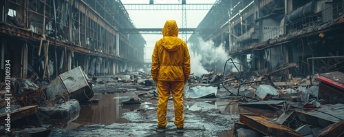 The image features a solitary figure in a yellow raincoat standing in a desolate, abandoned industrial setting with diffuse fog photo