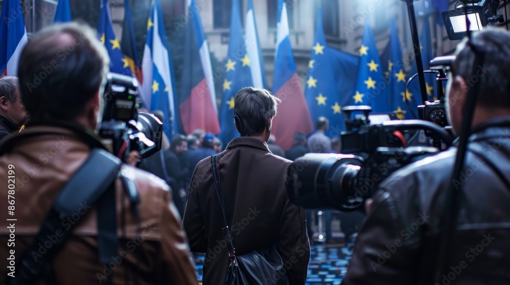 press conference scene capturing the top candidate amidst a swirl of flashing cameras and microphones, their face etched with a mix of defiance and concern, set against a backdrop of European flags press conference scene capturing the top candidate amidst a swirl of flashing cameras and microphones, their face etched with a mix of defiance and concern, set against a backdrop of European flags