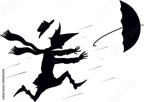 Rain. Strong wind. Running man lost umbrella. 
Running man in the hat and big scarf tries to catch an umbrella gone with the wind. Black and white
