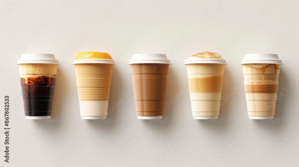 Assortment of Coffee Drinks in Paper Cups Assortment of Coffee Drinks in Paper Cups