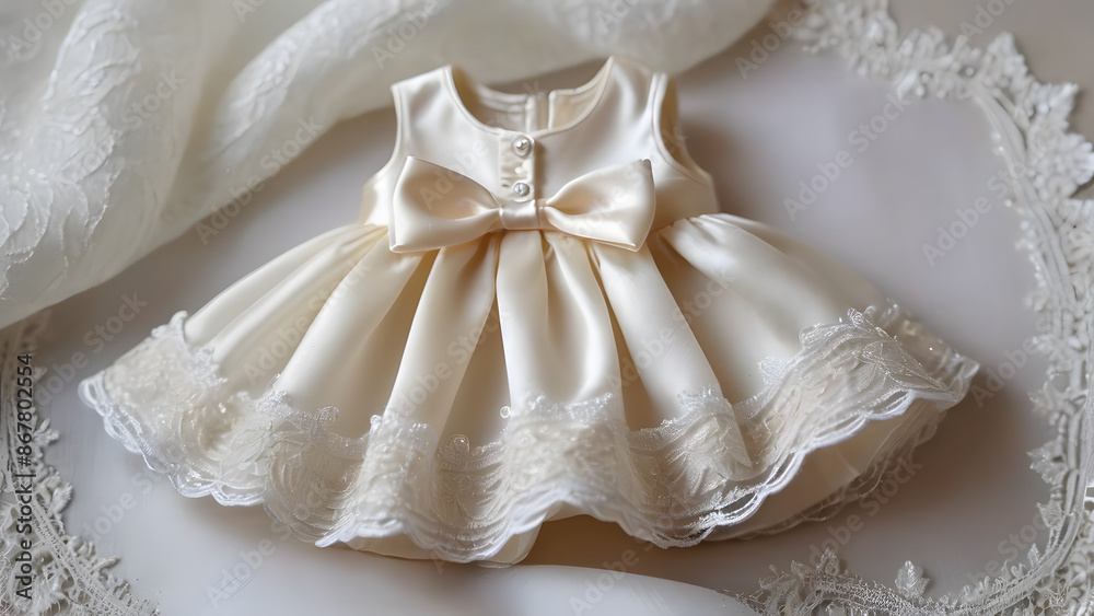 Beautiful creamy satin-silk baby dress, without sleeves, with embroidered tulle and a satin bow. Beautiful creamy satin-silk baby dress, without sleeves, with embroidered tulle and a satin bow.