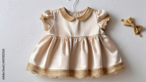 Monochromatic beautiful beige silk baby dress on hanger, with short sleeves, with embroidered beige lace on skirt.