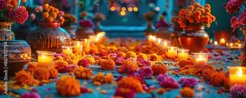 Bright orange flowers and glowing candles adorn the setting. The vibrant colors and lighting evoke a tranquil, festive mood