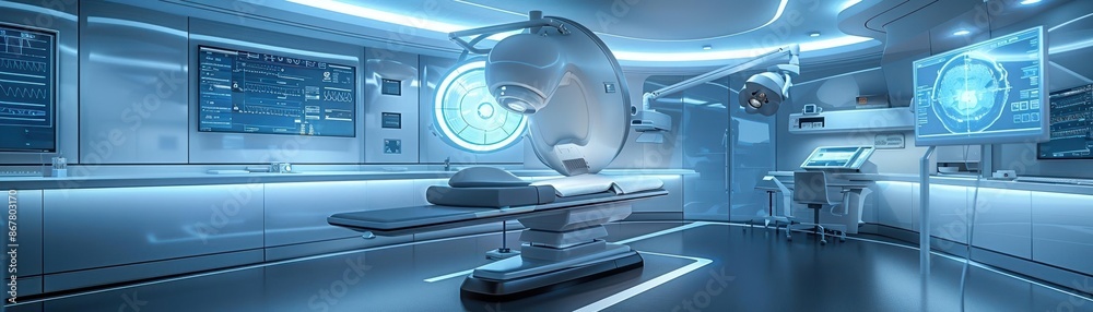 Futuristic operating room with advanced medical equipment, illuminated by blue light, creating a sci-fi atmosphere Futuristic operating room with advanced medical equipment, illuminated by blue light, creating a sci-fi atmosphere
