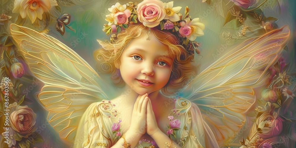 Fototapeta premium Cute little angel with wings in a wreath of flowers.