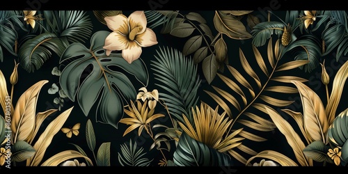 Beautiful tropical vintage palm leaves, trees, gold flowers and jungle birds. floral pattern on the black background. Exotic jungle wallpaper. photo