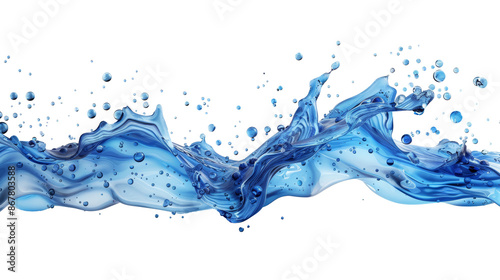 Clear blue water splash with bubbles isolated on transparent background, PNG on transparent background