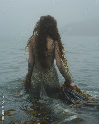 selkie emerging from the mist-shrouded sea, her seal coat slipping off to reveal a shimmering gown of kelp and pearls, evoking the enchanting folklore of Celtic mythology