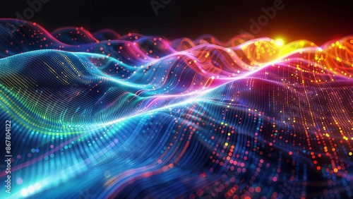 Neon Data Waves: Abstract digital waves in vibrant neon colors flowing on a dark background, representing data visualization.