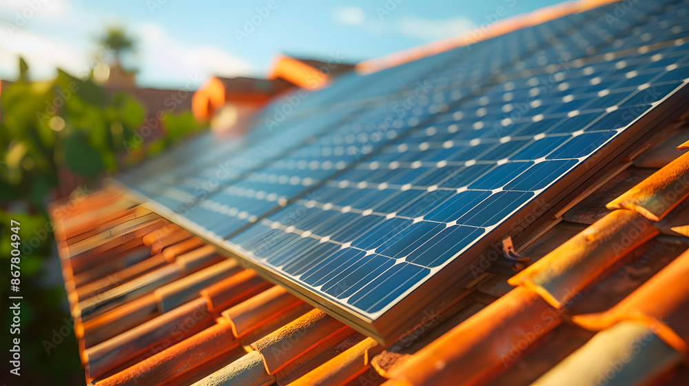 Close up of solar panels installed on the roof of a house. Image with copy-space. Generative Ai. Close up of solar panels installed on the roof of a house. Image with copy-space. Generative Ai.