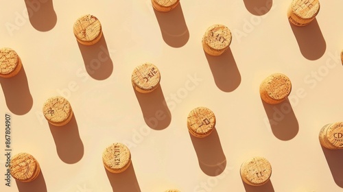 A close-up photograph showcasing a repeating pattern of wine and champagne corks arranged diagonally on a beige background. Each cork casts a distinct shadow, adding depth and dimension to the image