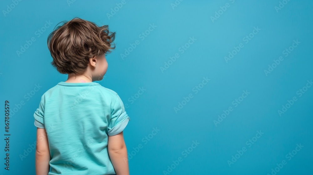 A young child with curly hair in a blue shirt standing against a blue background, facing away from the camera. A young child with curly hair in a blue shirt standing against a blue background, facing away from the camera.