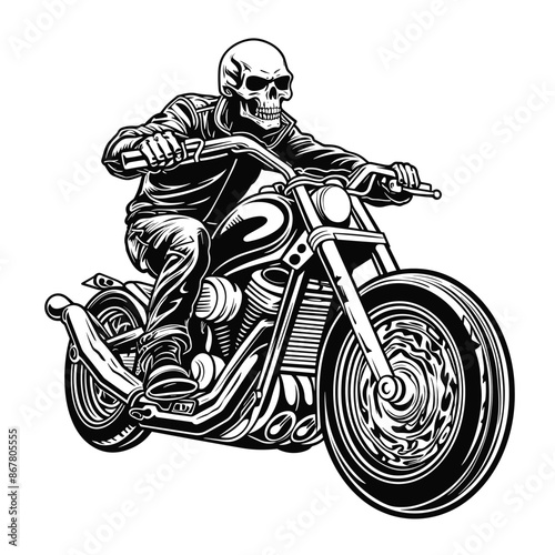 Bold Detailed Skeleton Biker on Motorcycle, Tattoo Style, High-Quality Clean Full-Body SVG Outline Illustration, Perfect for Biker Themes and Retro Artwork
