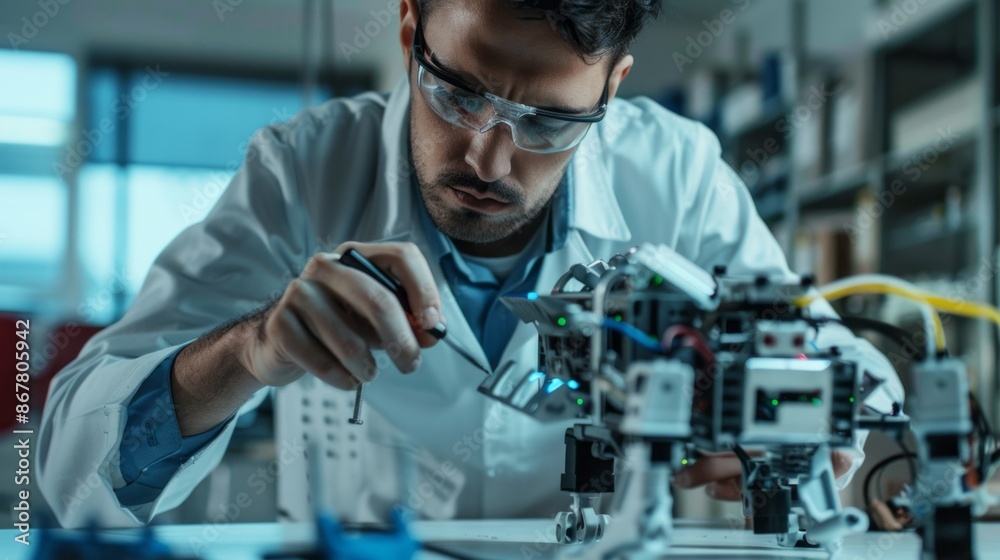 A Hispanic engineer in a lab coat meticulously works on a robotic prototype, his focus intense as he examines the intricate circuitry A Hispanic engineer in a lab coat meticulously works on a robotic prototype, his focus intense as he examines the intricate circuitry