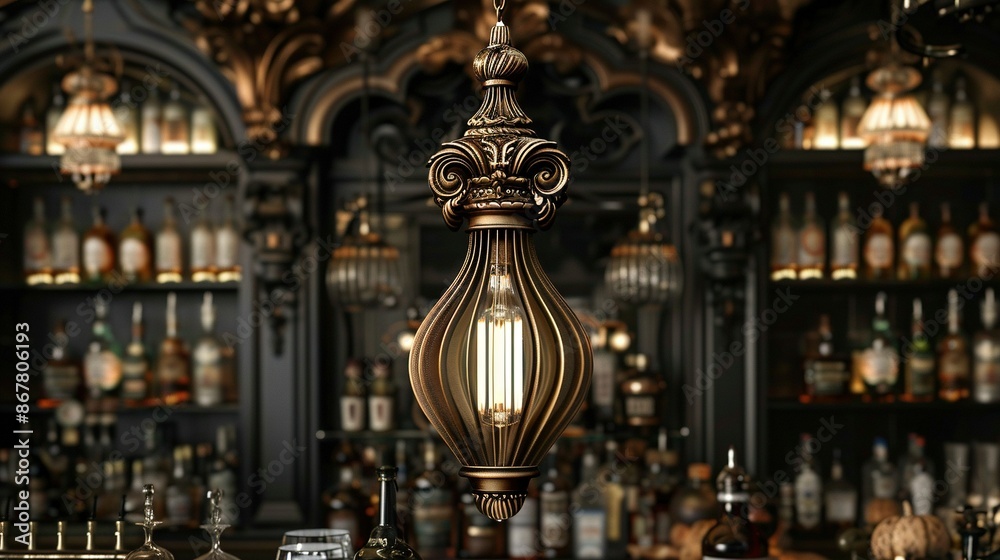 Obraz premium A lamp perched atop a table, illuminating a shelf filled with bottles and a chandelier